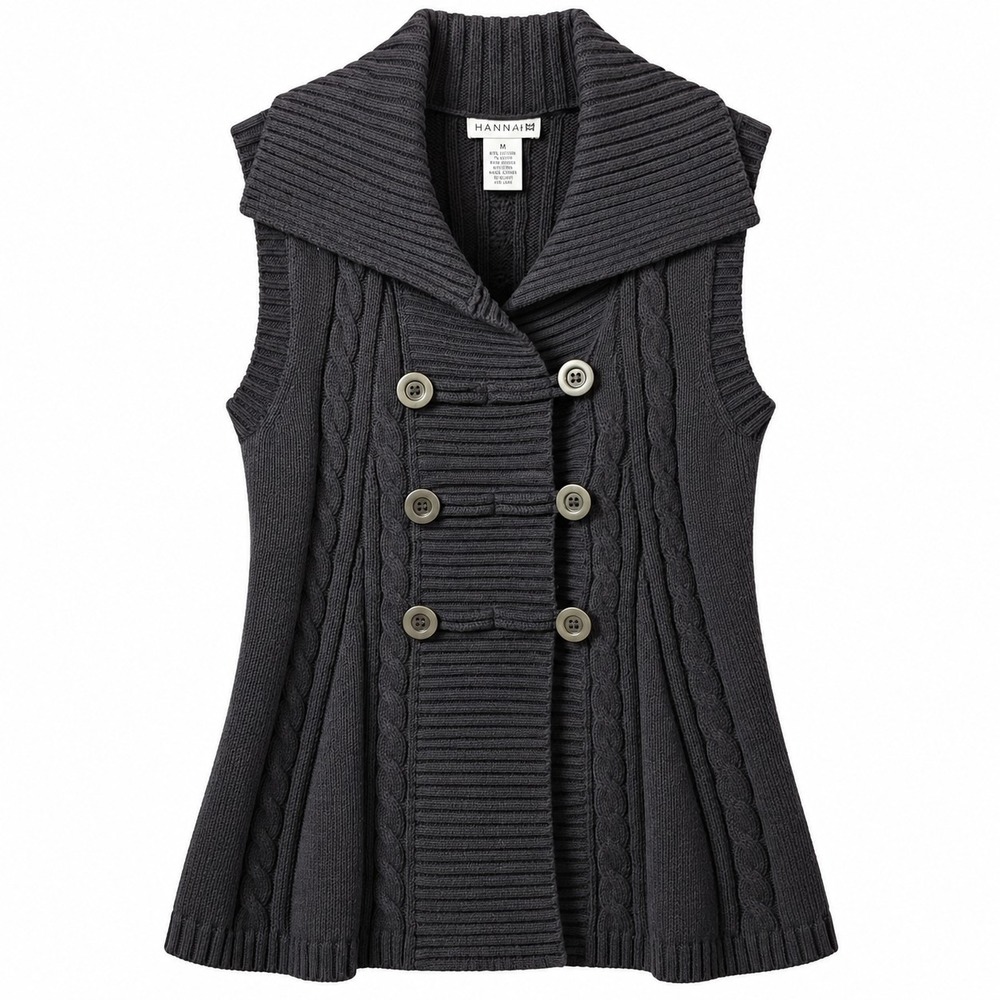 Vtg HANNAH Double-Breast Sleeveless Cable Knit Sweater Vest Sz S Black Fisherman